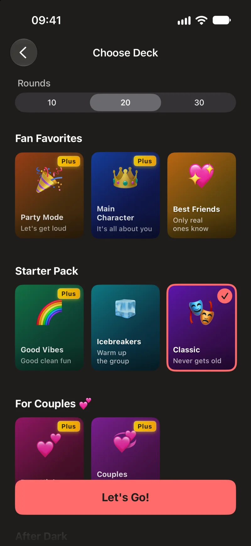 Choosing a deck in Exposed: Party Mode, Main Character, Best Friends, Good Vibes, Icebreakers and Classic