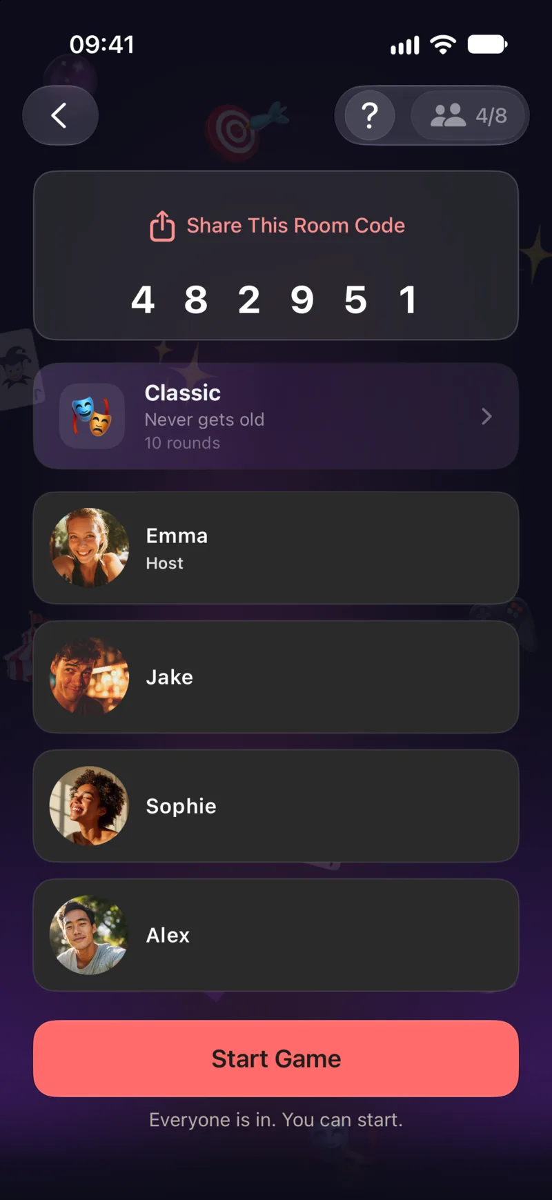 An online room in Exposed: share the room code, four players in, ready to start